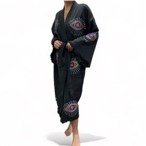 The Pinus Evil Eye Kimono Robe, Beach Coverup Gray 100% Cotton